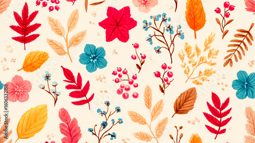 Watercolor Floral Pattern with Leaves Berries and Flowers for Fall Designs and Creative Projects