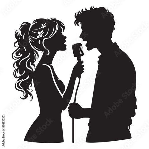 Silhouette Illustration of Couple Singing Together into a Microphone