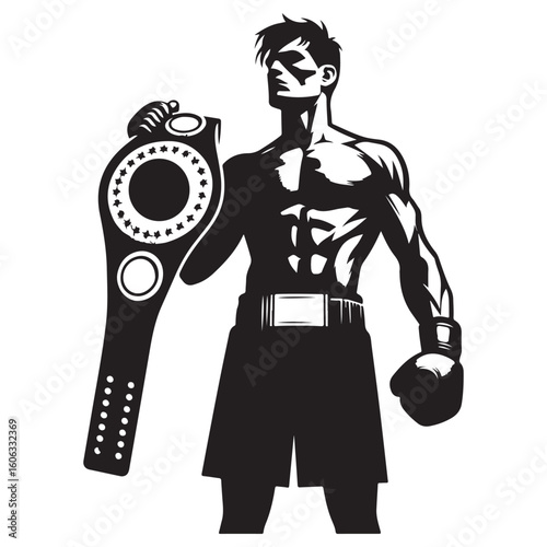Silhouette Muscular Boxer Holding Championship Belt Vector Illustration