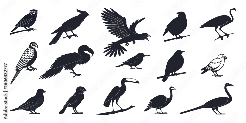 Obraz premium Collection of diverse bird silhouettes in various poses isolated on white background silhouette