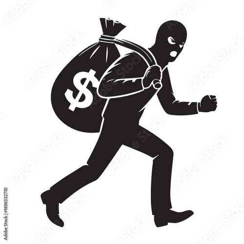 Running Robber with Sack Silhouette Vector Graphic Illustration