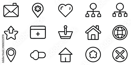 Collection of simple outline icons for technology and communication isolated on white background silhouette