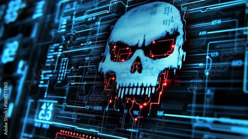 Cyber skull digital hacking concept with glowing red circuit lines and blue futuristic interface design showcasing cybersecurity technology threat