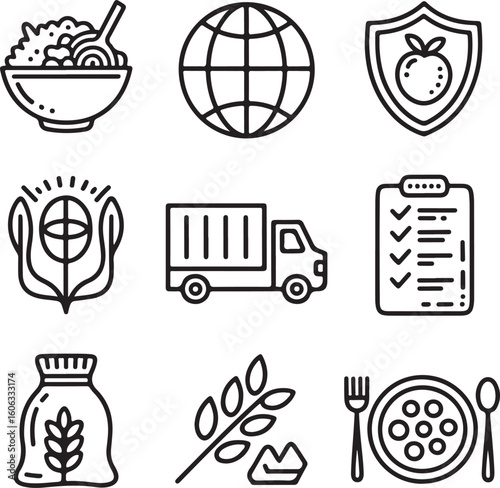 Global Food Security Doodle Icons – Safe Nutrition, Healthy Meals, Access Equality, and Food Supply Chains
