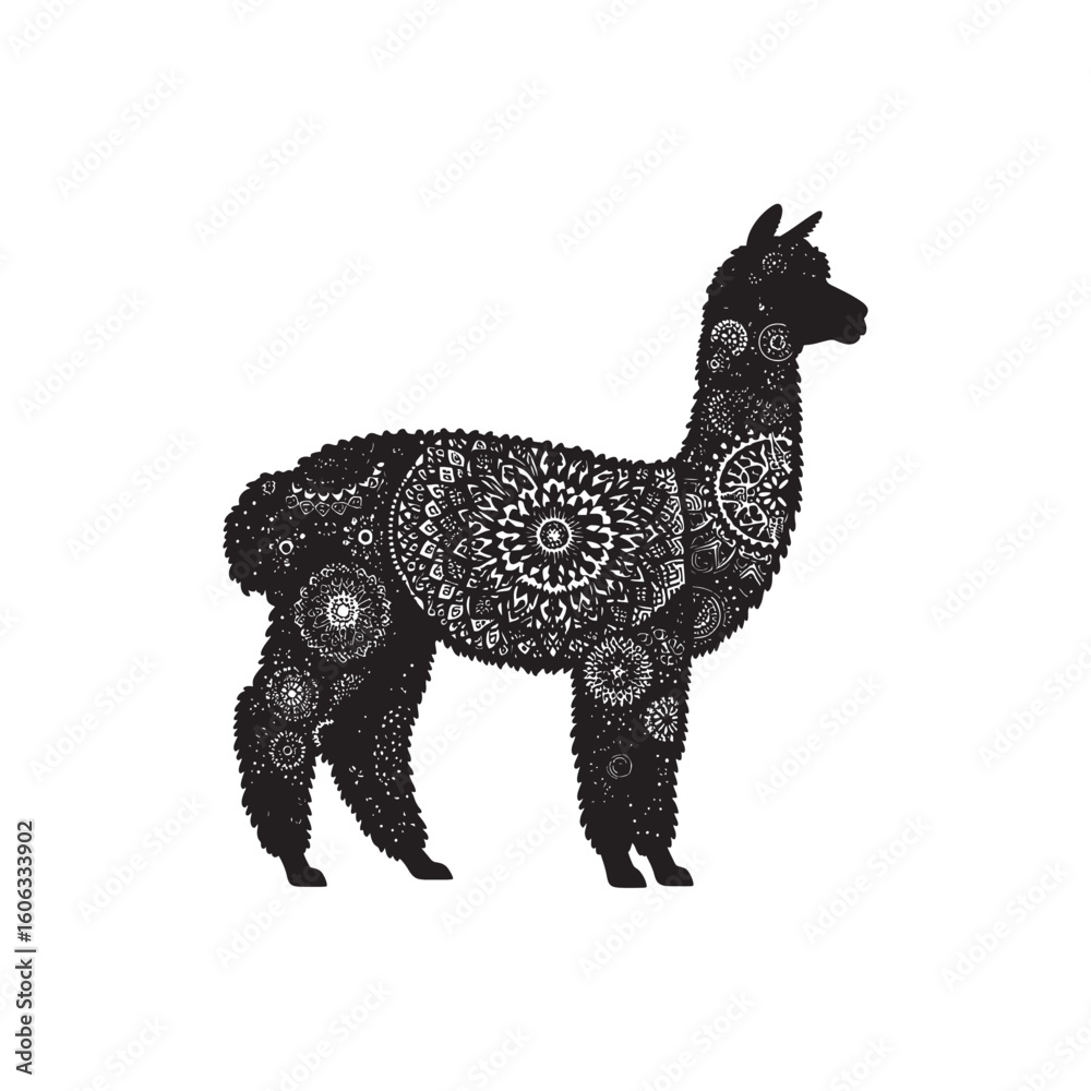 Fototapeta premium Boho Alpaca Silhouette with Tribal Feathers and Crescent Moons Vector Isolated on White for Bohemian Decor and Craft Designs