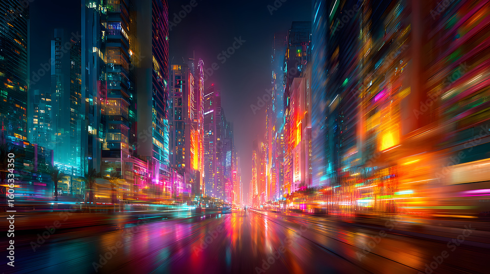 Fototapeta premium Vibrant blurred cityscape with colorful neon lights and digital data streams.