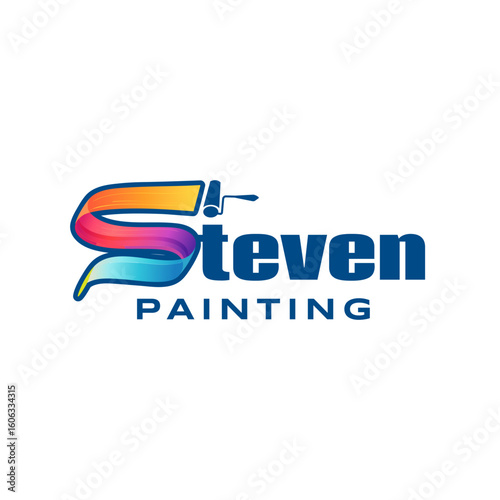 Modern painting service logo featuring a bold letter S, paint roller, and colorful gradient wave. Ideal for interior and exterior painting, construction, and home improvement branding.