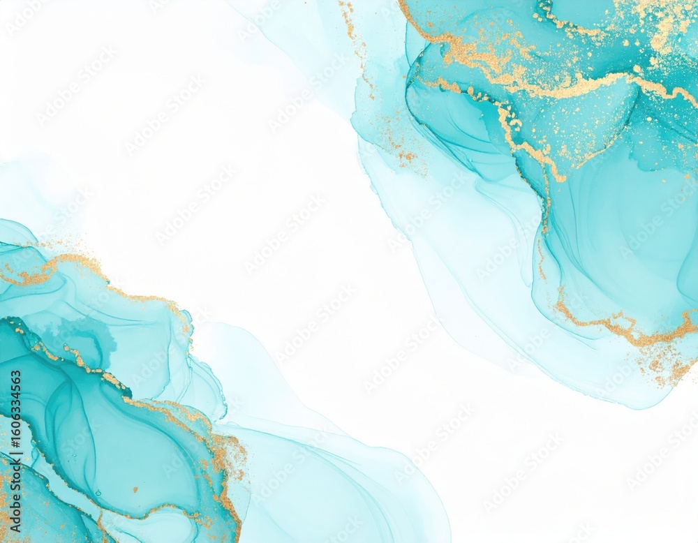 Fototapeta premium Turquoise and Gold Abstract Ink Painting with Fluid Art Texture on White.