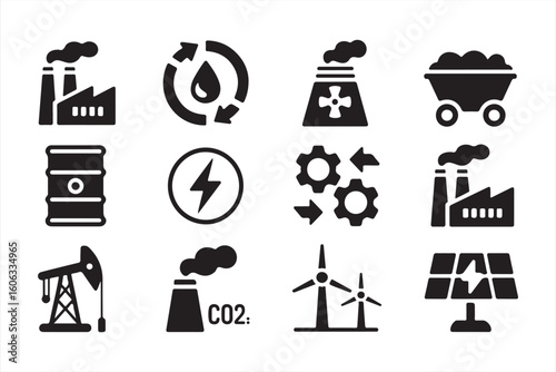 Energy Production, Pollution, and Renewable Energy Icons Collection