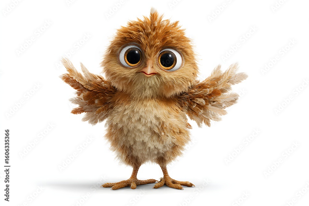 Naklejka premium Cute Brown Feathery Owl with Big Eyes Standing on White Background