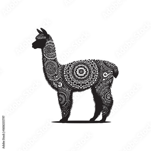 Boho Alpaca Silhouette with Tribal Feathers and Crescent Moons Vector Isolated on White for Bohemian Decor and Craft Designs