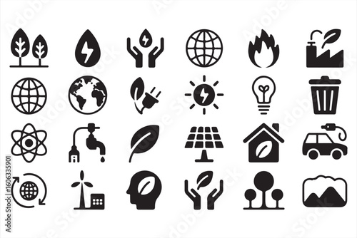 Green Energy, Recycling, and Nature Protection Icons Set