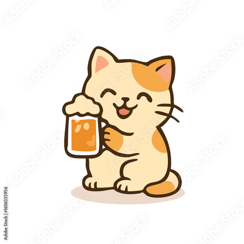 Cartoon Cat Holding Beer Mug with Foam, Smiling Expression