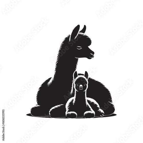 Mother and Baby Alpaca Silhouette Vector in Loving Pose Isolated on White for Sublimation Stickers and Farm Animal Decor
