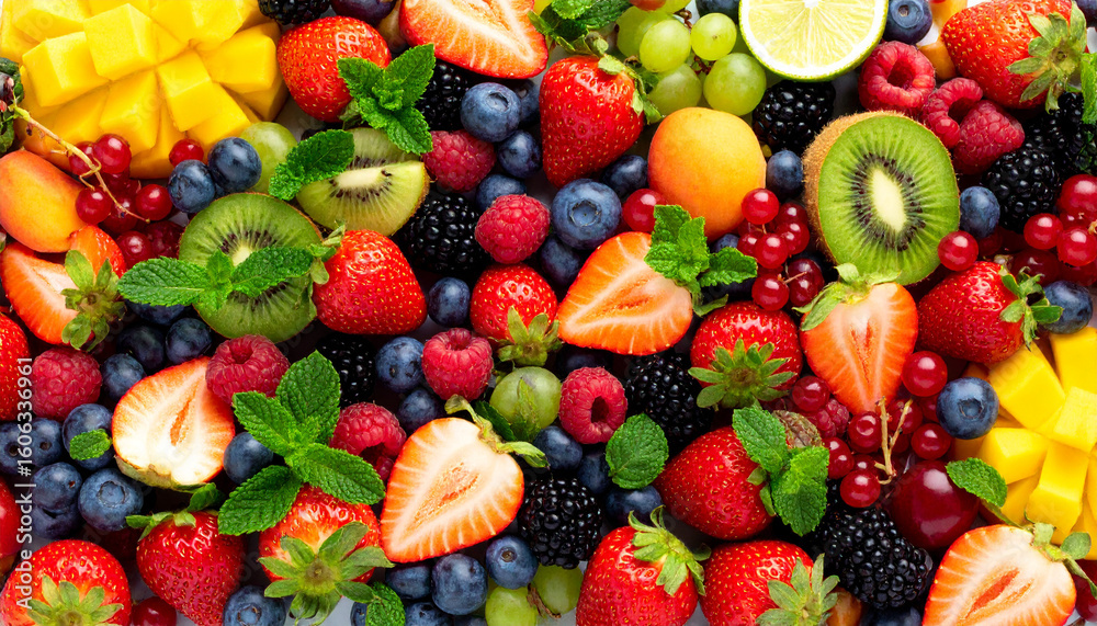 Obraz premium Colorful Assortment of Fresh Fruits and berries with mint, healthy vegan food