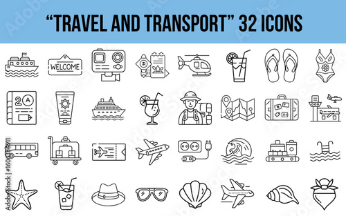 Travel and transport themed set of 32 icons in minimal style  