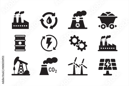 Set of Icons for Energy, Pollution, and Renewable Resources