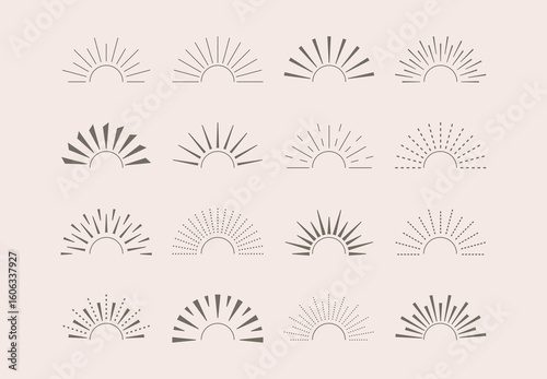 Minimalist half sunset, sunrise beams. Simple retro sun, light raises, fireworks logo, lettering vector design elements
