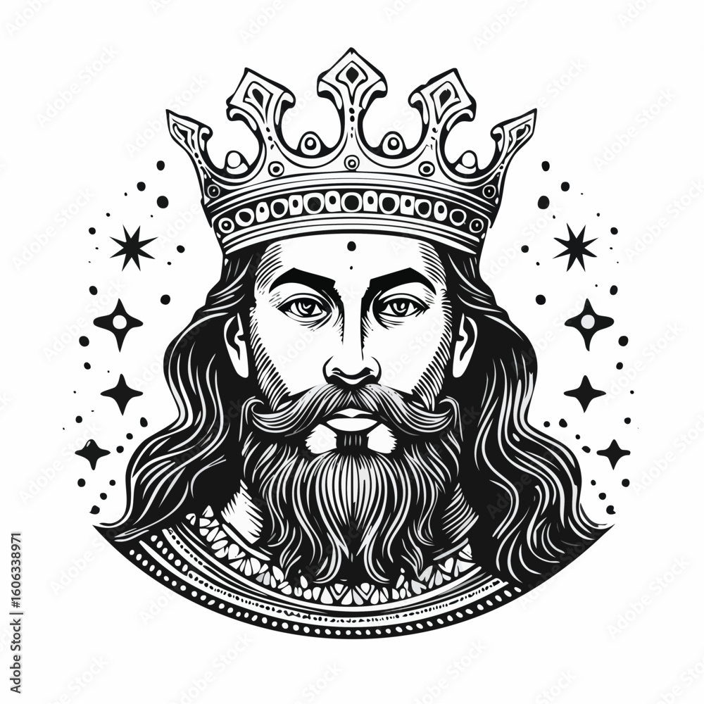Fototapeta premium A king, a man with crown, a detail linocut, and an engraving style illustration