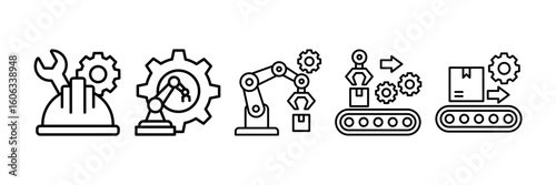 Automation Industrial Icon Set, Containing design Mechanical Engineer, Industrial Robot, Conveyor System, Material Handling, Industrial Robot