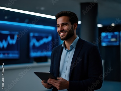Confident Businessman Dressed in Elegant Suit Standing Against Urban Backdrop Exuding Professionalism and Determination in Modern City Environment