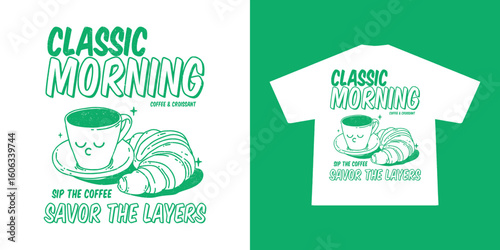 Stylish retro T-shirt design featuring a hand-drawn croissant illustration with classic vintage typography.