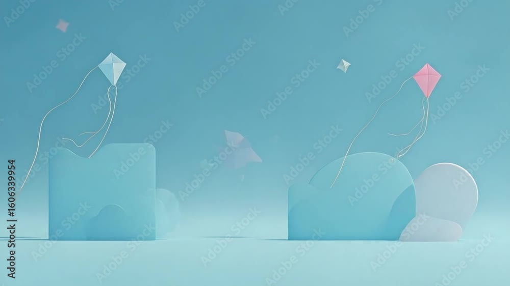 Colorful kites flying over abstract geometric landscape with soft pastel tones in smooth motion