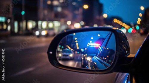 A police cars flashing lights are reflected in a cars side mirror during a nighttime pursuit through the city