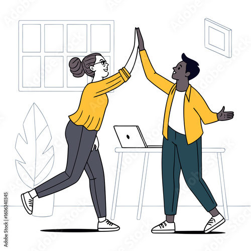 Two colleagues celebrating success with a high five in an office setting