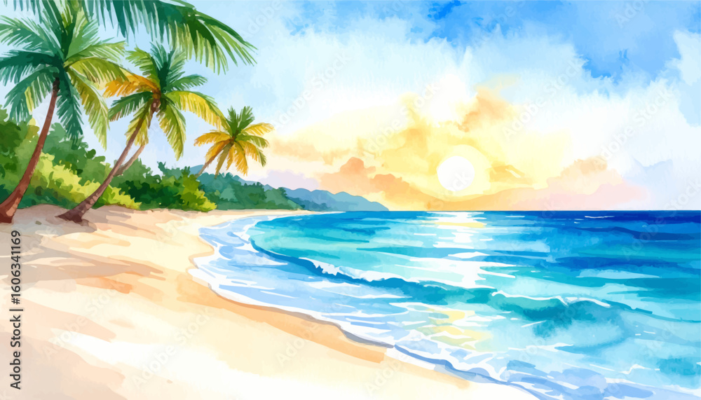 Obraz premium Beach paradise at sunset with vibrant colors. Beautiful horizon view of ocean waves at dusk. Tropical shore with sunset and calm waves. Sunset reflection on the tranquil beach waters