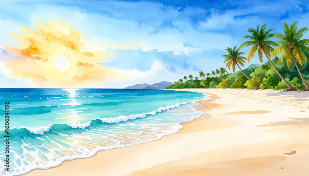 Fototapeta premium Sunset beach view with clear ocean and blue sky. Calm waves hitting the sandy beach at sunset. Golden hour on a tropical beach with palm trees. Tranquil seascape with sunset and tropical foliage