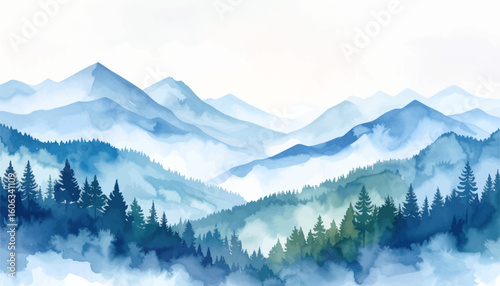 Wallpaper Mural  Watercolor depiction of misty green mountains. Tranquil watercolor landscape of forested mountains. Peaceful watercolor mountain scene with mist. Lush green and blue watercolor mountain view. Torontodigital.ca