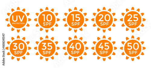 Spf sun protection factor vector icons bundle for packaging design cosmetics