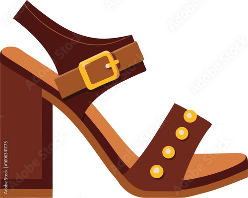 Stylish brown block heel sandal with buckle and studs
