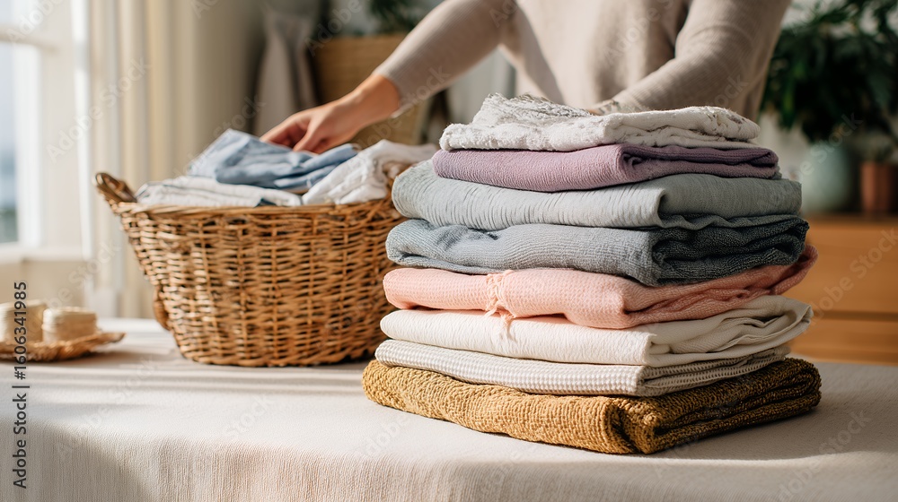 © lorenzo PV - A person folding a neat stack of clean, fresh laundry on a table, a domestic chore concept.