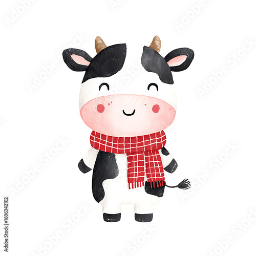 Adorable black and white baby cow wearing a red plaid scarf, smiling in a charming watercolor illustration with children's book style, isolated on white background.