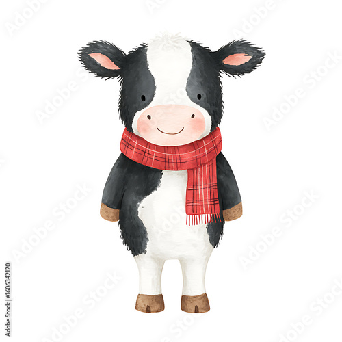 Adorable black and white baby cow wearing a red plaid scarf, smiling in a charming watercolor illustration with children's book style, isolated on white background.