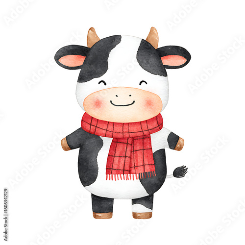 Adorable black and white baby cow wearing a red plaid scarf, smiling in a charming watercolor illustration with children's book style, isolated on white background.