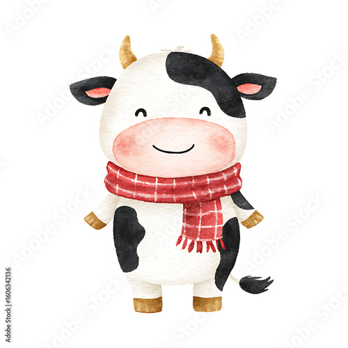 Adorable black and white baby cow wearing a red plaid scarf, smiling in a charming watercolor illustration with children's book style, isolated on white background.