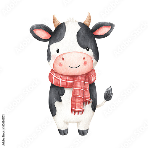Adorable black and white baby cow wearing a red plaid scarf, smiling in a charming watercolor illustration with children's book style, isolated on white background.