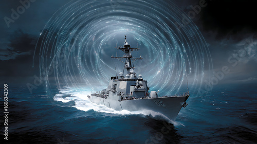 Advanced shipboard electronic warfare system generating concentric defense shields intercepting missile trails amidst stormy sea chaos, futuristic military technology concept.