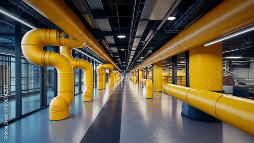 Modern industrial hallway with yellow pipes
