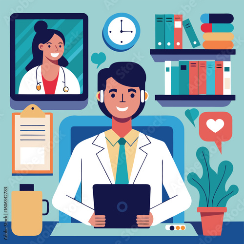 Doctor video calling patient with stethoscope and laptop vector