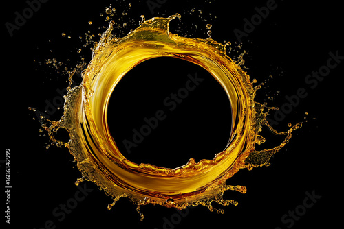 A vibrant golden liquid splashes into a perfect circular frame against a dark background, symbolizing fluidity, motion, and dynamic energy.