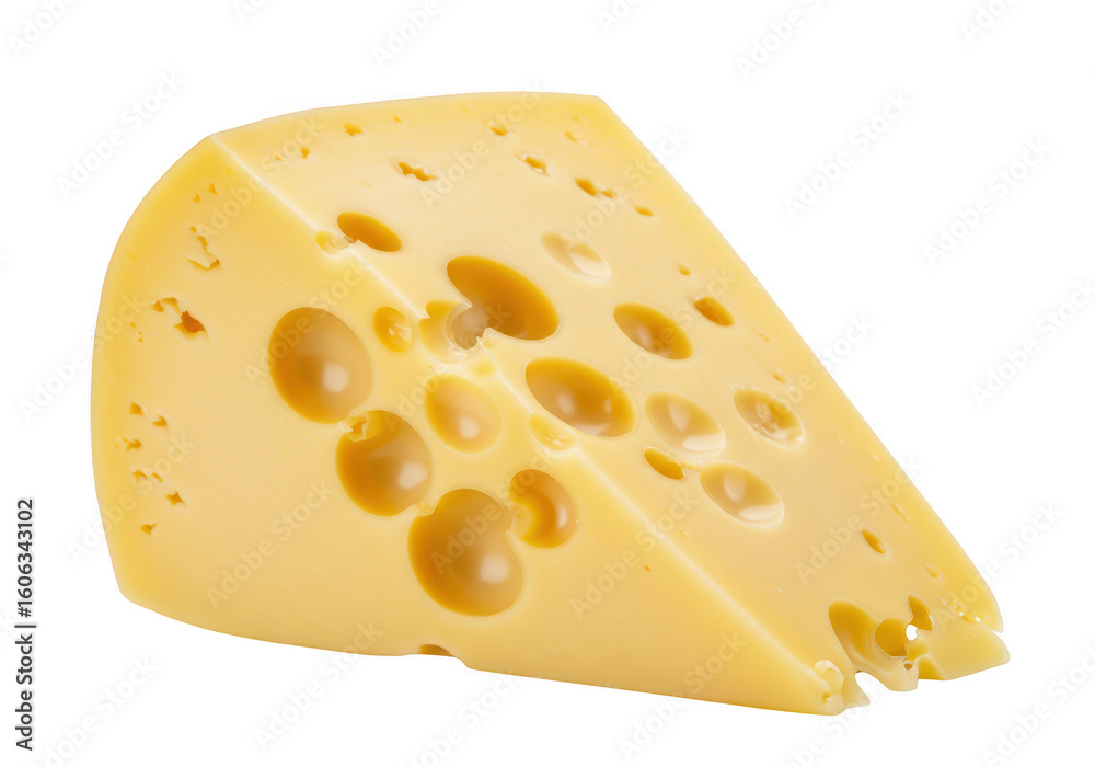 A wedge of delicious swiss cheese with characteristic holes, isolated on a transparent background A wedge of delicious swiss cheese with characteristic holes, isolated on a transparent background