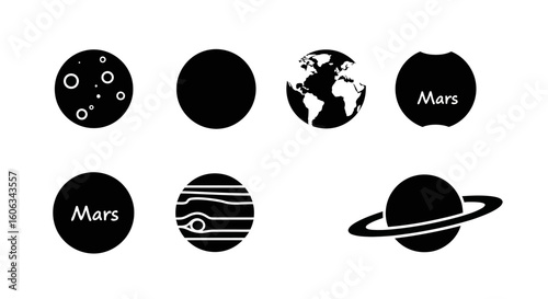 Silhouette icons of various planets in our solar system.
