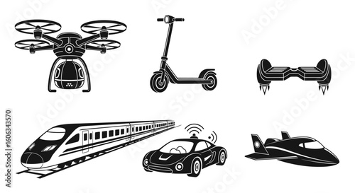 Black and white illustration showcasing various modern transportation methods and vehicles.