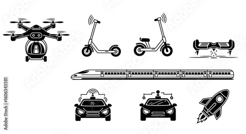 A collection of transportation icons including a drone, scooters, train, cars, rocket, and flying vehicle, all in black and white.