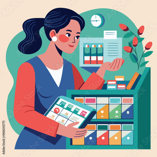 Woman organizing weekly pill organizer with colorful compartments vector