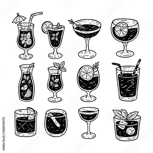 Hand drawn cocktail illustrations set, summer cocktail drinks, party drinks, alcohol drinks, bar drinks vector